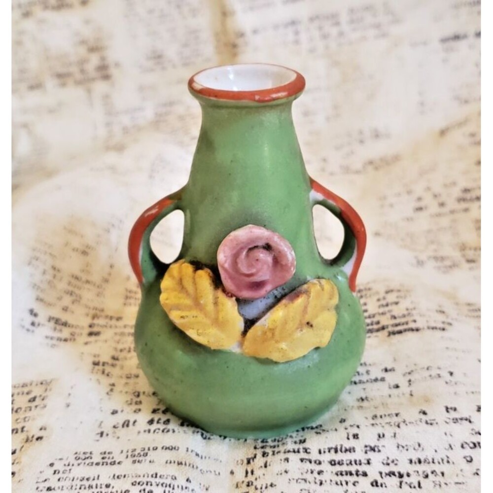 Vintage Ceramic Miniature Urn - Green Urn Orange Double Arms and Floral Relief